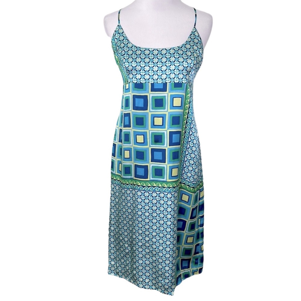 Anni Kuan Silk Sleeveless Midi Length Geometric Slip Dress